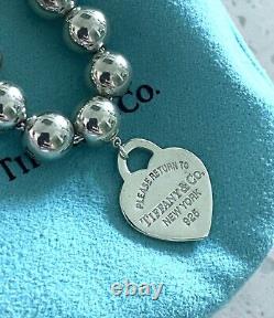 Tiffany Co Silver 925 Blue Enamel Heart Tag Charm Bead Ball Bracelet Fits Up6.5