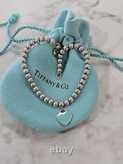 Tiffany Co. Silver 925 Blue Enamel Mini Heart Tag Charm 4mm Bead Ball Bracelet