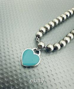 Tiffany Co. Silver 925 Blue Enamel Mini Heart Tag Charm 4mm Bead Ball Bracelet