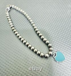 Tiffany Co. Silver 925 Blue Enamel Mini Heart Tag Charm 4mm Bead Ball Bracelet