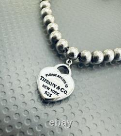 Tiffany Co. Silver 925 Blue Enamel Mini Heart Tag Charm 4mm Bead Ball Bracelet