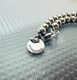 Tiffany Co. Silver 925 Blue Enamel Mini Heart Tag Charm 4mm Bead Ball Bracelet