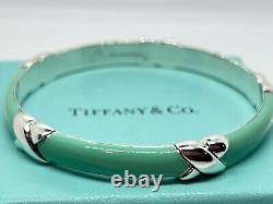 Tiffany & Co Silver. 925 Blue Enamel Signature X Bangle Bracelet Wide with Box