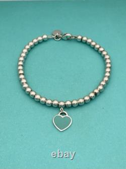 Tiffany & Co Silver & Blue Enamel Heart Tag Mini Bead Bracelet 6.5 RRP $510