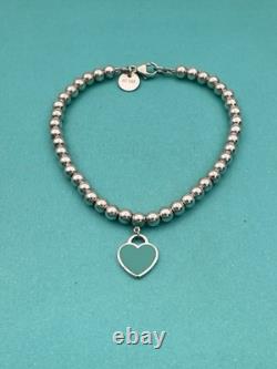 Tiffany & Co Silver & Blue Enamel Heart Tag Mini Bead Bracelet 6.5 RRP $510