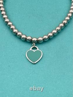 Tiffany & Co Silver & Blue Enamel Heart Tag Mini Bead Bracelet 6.5 RRP $510