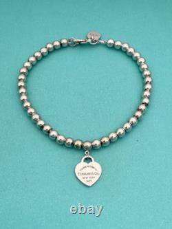 Tiffany & Co Silver & Blue Enamel Heart Tag Mini Bead Bracelet 6.5 RRP $510