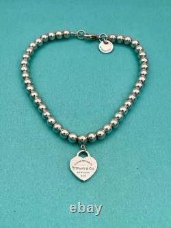 Tiffany & Co Silver & Blue Enamel Heart Tag Mini Bead Bracelet 6.5 RRP $510