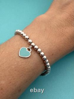 Tiffany & Co Silver & Blue Enamel Heart Tag Mini Bead Bracelet 6.5 RRP $510