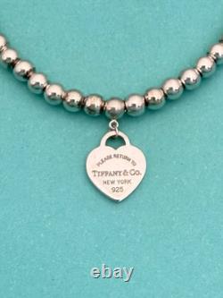 Tiffany & Co Silver & Blue Enamel Heart Tag Mini Bead Bracelet 6.5 RRP $510