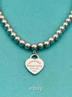 Tiffany & Co Silver & Blue Enamel Heart Tag Mini Bead Bracelet 6.5 RRP $510