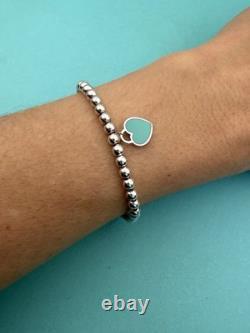 Tiffany & Co Silver & Blue Enamel Heart Tag Mini Bead Bracelet 6.5 RRP $510