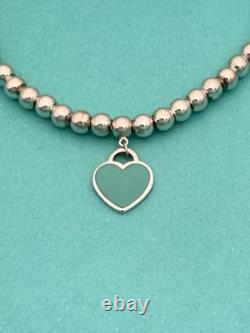 Tiffany & Co Silver & Blue Enamel Heart Tag Mini Bead Bracelet 6.5 RRP $510
