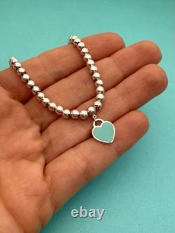 Tiffany & Co Silver & Blue Enamel Heart Tag Mini Bead Bracelet 6.5 RRP $510