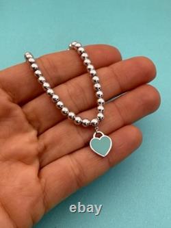 Tiffany & Co Silver & Blue Enamel Heart Tag Mini Bead Bracelet 6.5 RRP $510