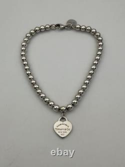 Tiffany & Co Silver & Blue Enamel Heart Tag Mini Bead Bracelet 6.5 RRP $510
