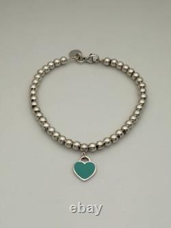 Tiffany & Co Silver & Blue Enamel Heart Tag Mini Bead Bracelet 6.5 RRP $510