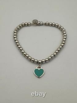 Tiffany & Co Silver & Blue Enamel Heart Tag Mini Bead Bracelet 6.5 RRP $510