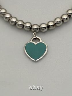 Tiffany & Co Silver & Blue Enamel Heart Tag Mini Bead Bracelet 6.5 RRP $510