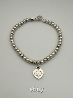 Tiffany & Co Silver & Blue Enamel Heart Tag Mini Bead Bracelet 6.5 RRP $510