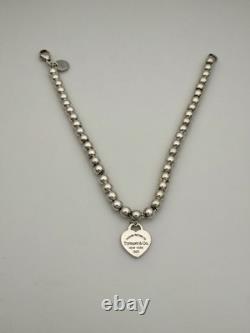 Tiffany & Co Silver & Blue Enamel Heart Tag Mini Bead Bracelet 6.5 RRP $510