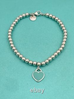 Tiffany & Co Silver & Blue Enamel Heart Tag Mini Bead Bracelet RRP $510