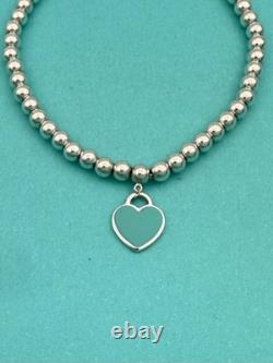 Tiffany & Co Silver & Blue Enamel Heart Tag Mini Bead Bracelet RRP $510