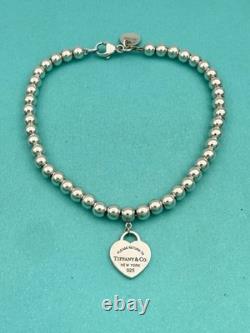 Tiffany & Co Silver & Blue Enamel Heart Tag Mini Bead Bracelet RRP $510