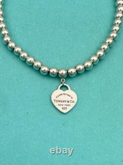 Tiffany & Co Silver & Blue Enamel Heart Tag Mini Bead Bracelet RRP $510