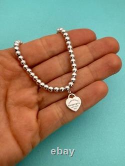 Tiffany & Co Silver & Blue Enamel Heart Tag Mini Bead Bracelet RRP $510