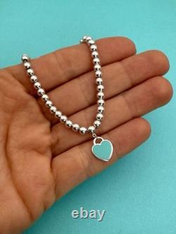 Tiffany & Co Silver & Blue Enamel Heart Tag Mini Bead Bracelet RRP $510