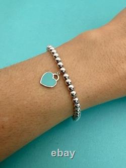 Tiffany & Co Silver & Blue Enamel Heart Tag Mini Bead Bracelet RRP $510