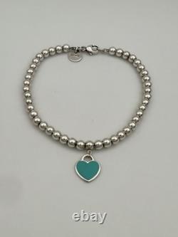 Tiffany & Co Silver & Blue Enamel Heart Tag Mini Bead Bracelet RRP $510