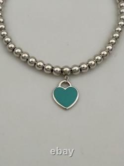 Tiffany & Co Silver & Blue Enamel Heart Tag Mini Bead Bracelet RRP $510