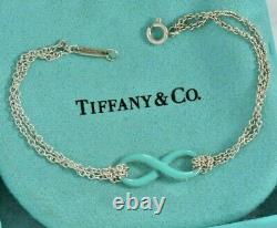 Tiffany & Co Silver Blue Enamel Infinity 6.75 Double Chain Charm Bracelet Boxed