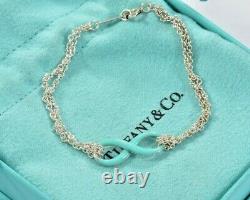 Tiffany & Co Silver Blue Enamel Infinity 6.75 Double Chain Charm Bracelet Boxed