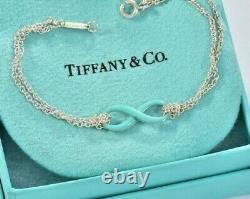 Tiffany & Co Silver Blue Enamel Infinity 6.75 Double Chain Charm Bracelet Boxed