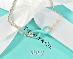 Tiffany & Co Silver Blue Enamel Infinity 6.75 Double Chain Charm Bracelet Boxed
