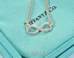 Tiffany & Co Silver Blue Enamel Infinity 6.75 Double Chain Charm Bracelet Boxed