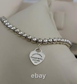 Tiffany & Co Silver Blue Enamel Mini Heart Tag Charm Bead Ball Bracelet