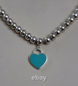 Tiffany & Co Silver Blue Enamel Mini Heart Tag Charm Bead Ball Bracelet