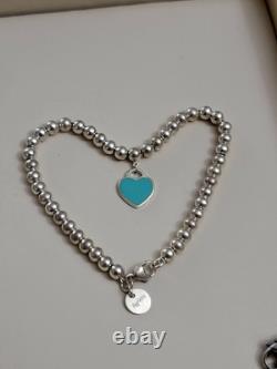 Tiffany & Co Silver Blue Enamel Mini Heart Tag Charm Bead Ball Bracelet