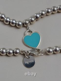 Tiffany & Co Silver Blue Enamel Mini Heart Tag Charm Bead Ball Bracelet