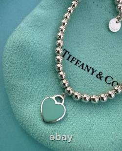 Tiffany & Co Silver Blue Enamel Mini Heart Tag Charm Bead Ball Bracelet Pristine