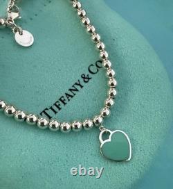 Tiffany & Co Silver Blue Enamel Mini Heart Tag Charm Bead Ball Bracelet Pristine