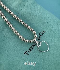Tiffany & Co Silver Blue Enamel Mini Heart Tag Charm Bead Ball Bracelet Pristine