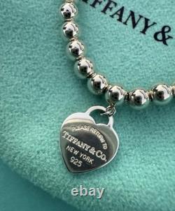 Tiffany & Co Silver Blue Enamel Mini Heart Tag Charm Bead Ball Bracelet Pristine