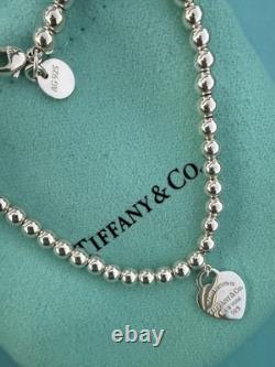Tiffany & Co Silver Blue Enamel Mini Heart Tag Charm Bead Ball Bracelet Pristine