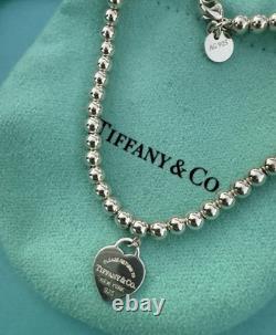 Tiffany & Co Silver Blue Enamel Mini Heart Tag Charm Bead Ball Bracelet Pristine