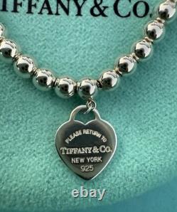 Tiffany & Co Silver Blue Enamel Mini Heart Tag Charm Bead Ball Bracelet Pristine